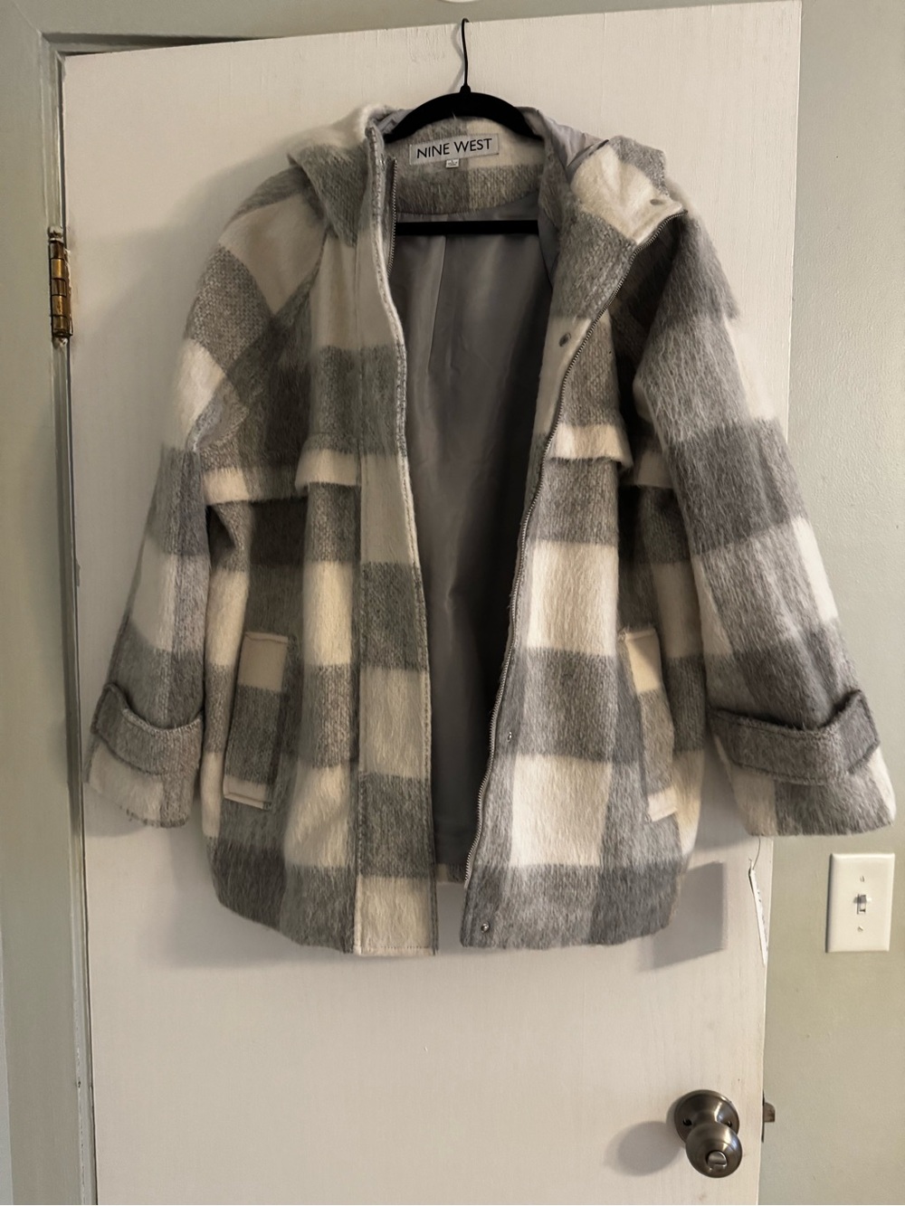 Nine West Gray and White Plaid Hooded Pea Coat